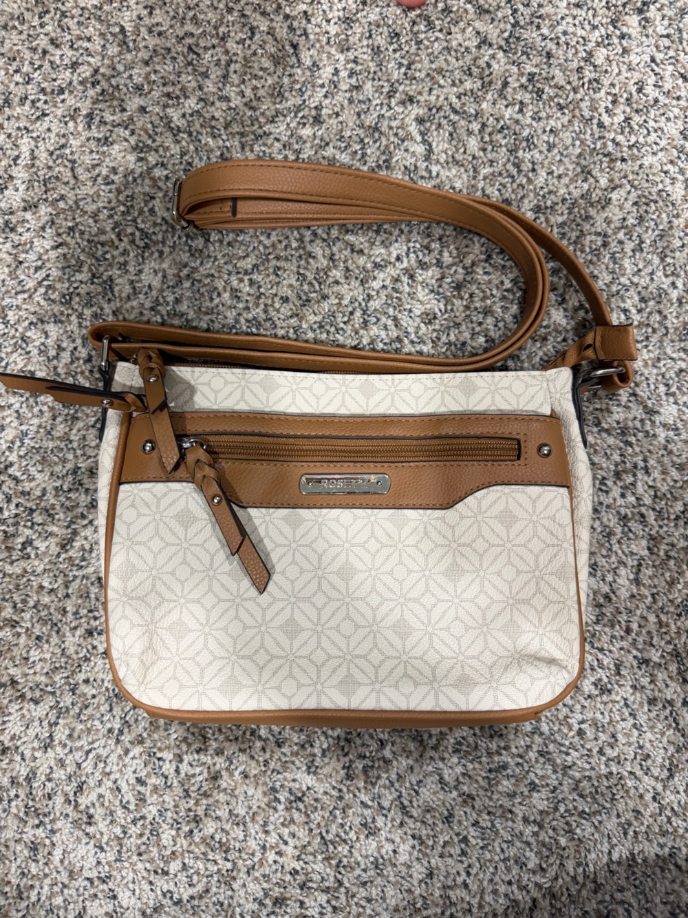 Rosetti Cream and Tan Crossbody Bag with Geometric Print